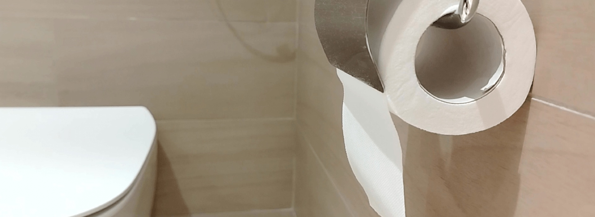 Wc-paperirulla teräksisessä pidikkeessä modernin toimiston saniteettitiloissa beigellä kaakelilaattaseinällä