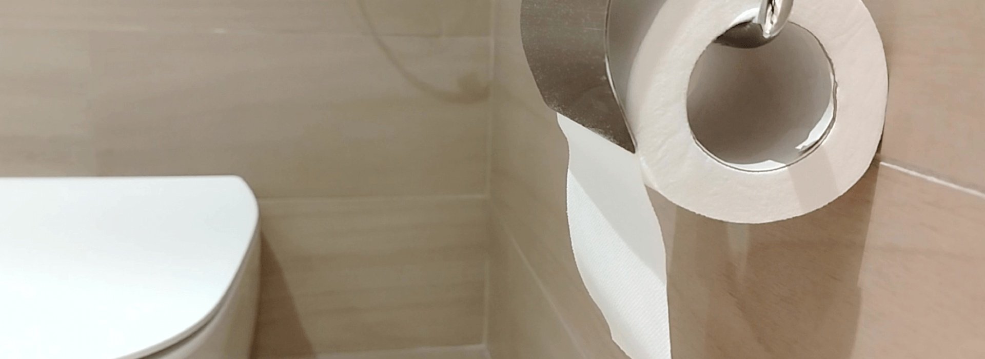 Wc-paperirulla teräksisessä pidikkeessä modernin toimiston saniteettitiloissa beigellä kaakelilaattaseinällä